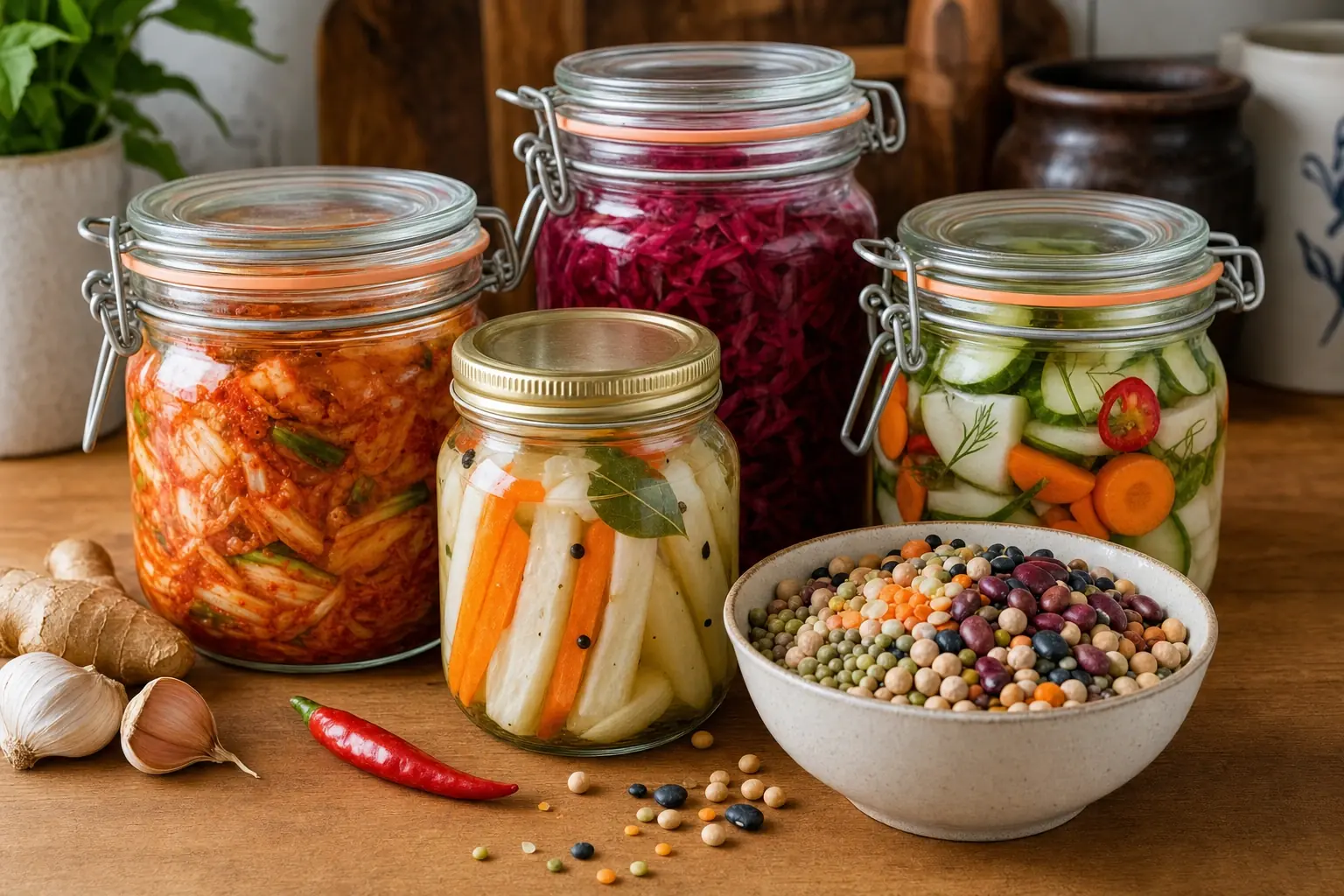 Three clip-top jars of fermented vegetables (kimchi, pickled carrots, and beetroot) next to a bowl of mixed legumes