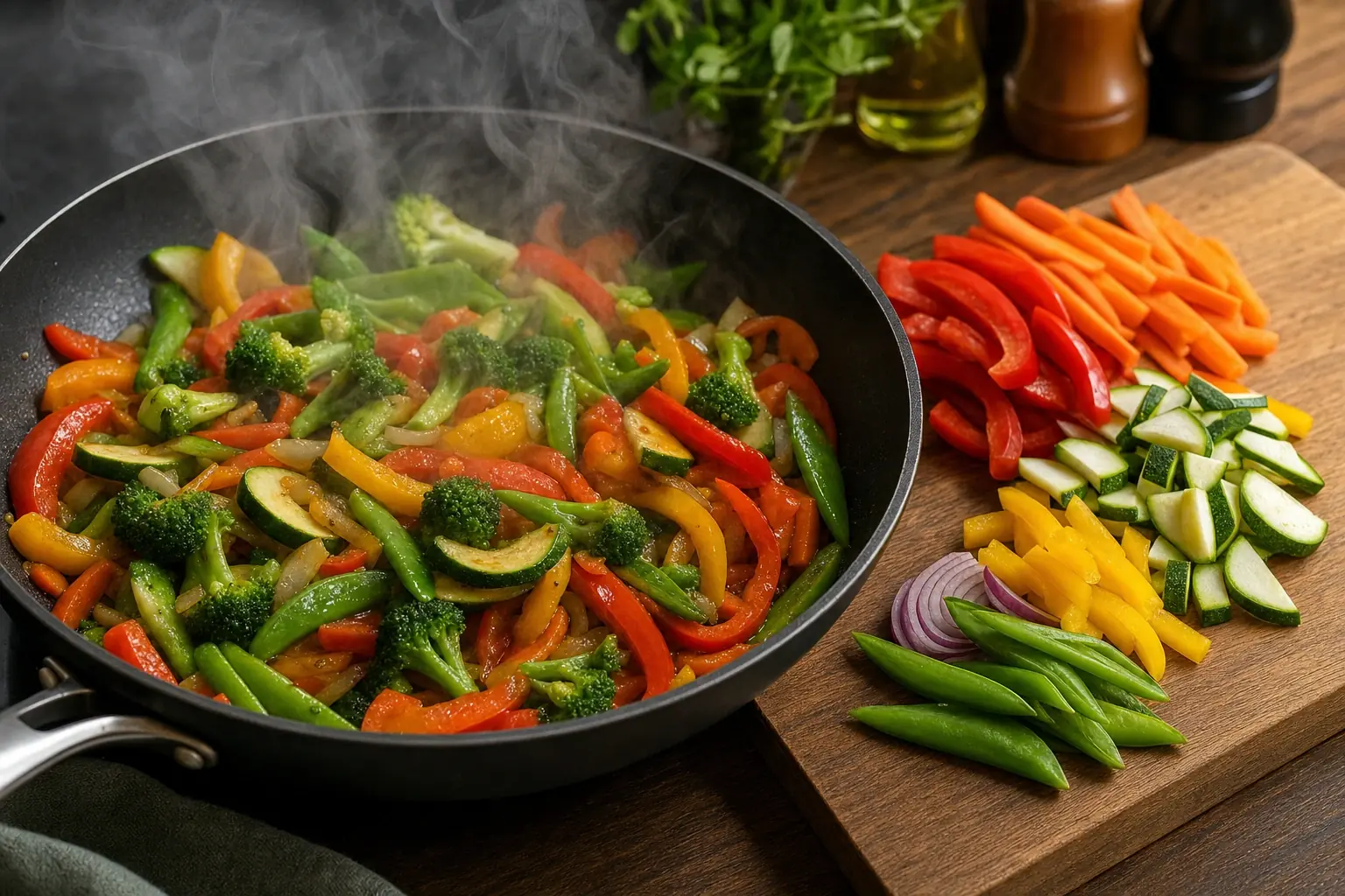 A steaming pan of colorful vegetables on the stove, next to a wooden board with sliced bell pepper, zucchini, and snap peas
