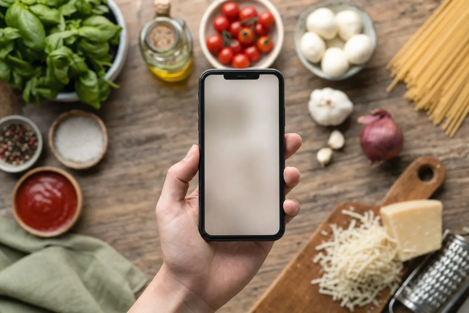A hand holds a smartphone over a wooden table with fresh ingredients: tomatoes, mushrooms, basil, garlic, and grated cheese
