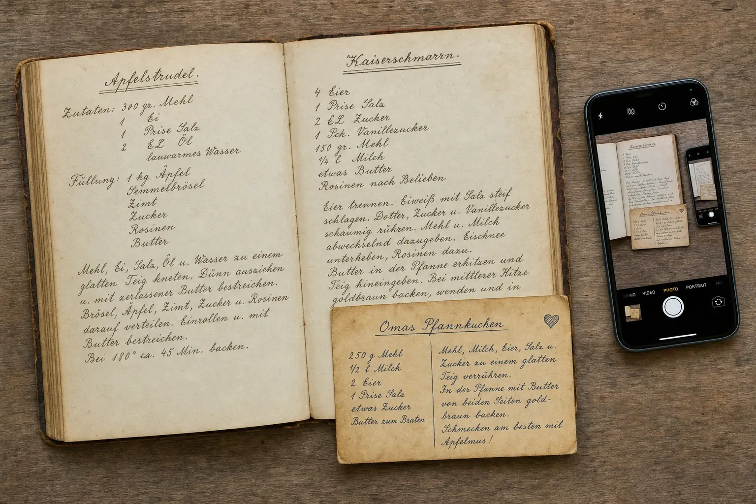 An open old recipe book with German cursive handwriting, next to a smartphone photographing the page