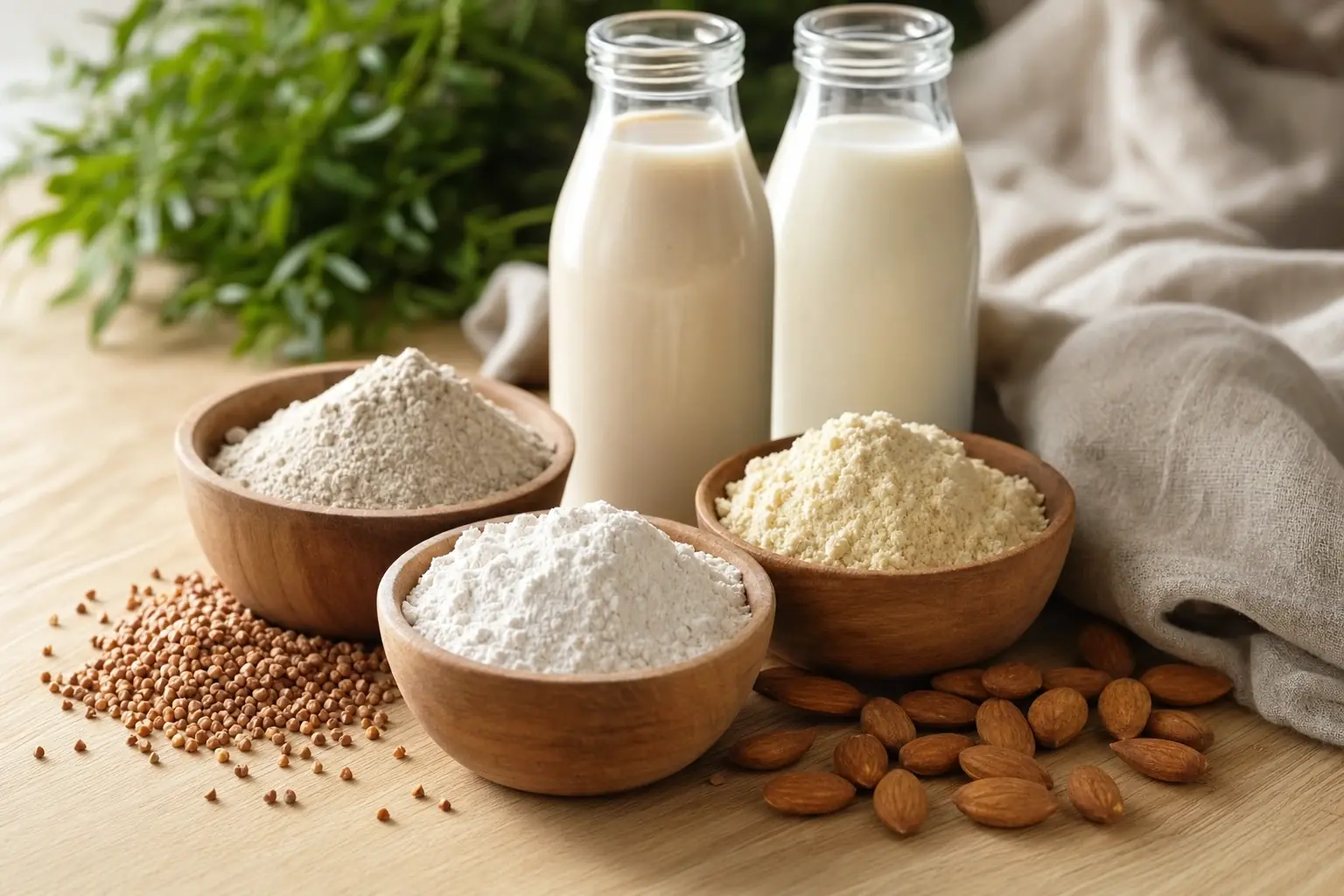 Three wooden bowls of gluten-free flours in gray, white, and yellow, next to whole almonds and buckwheat groats, plus two bottles of oat and almond drink