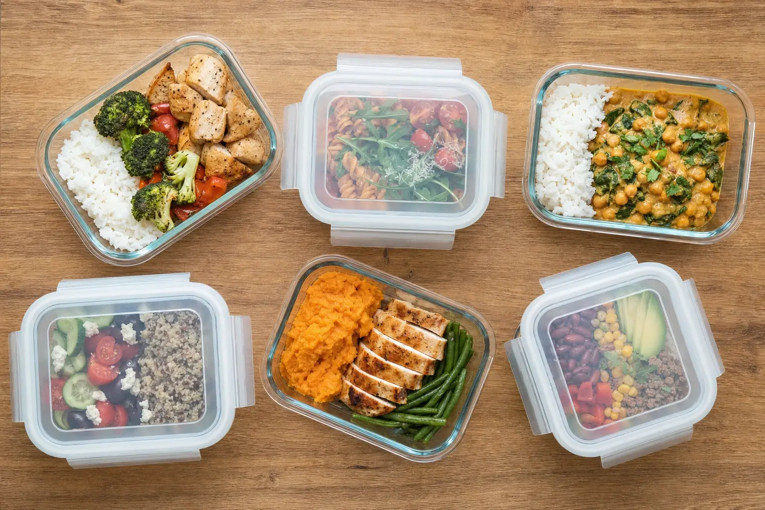 Six glass storage containers on a wooden table, filled with prepped meals of rice, chicken, broccoli, chickpeas, and roasted vegetables