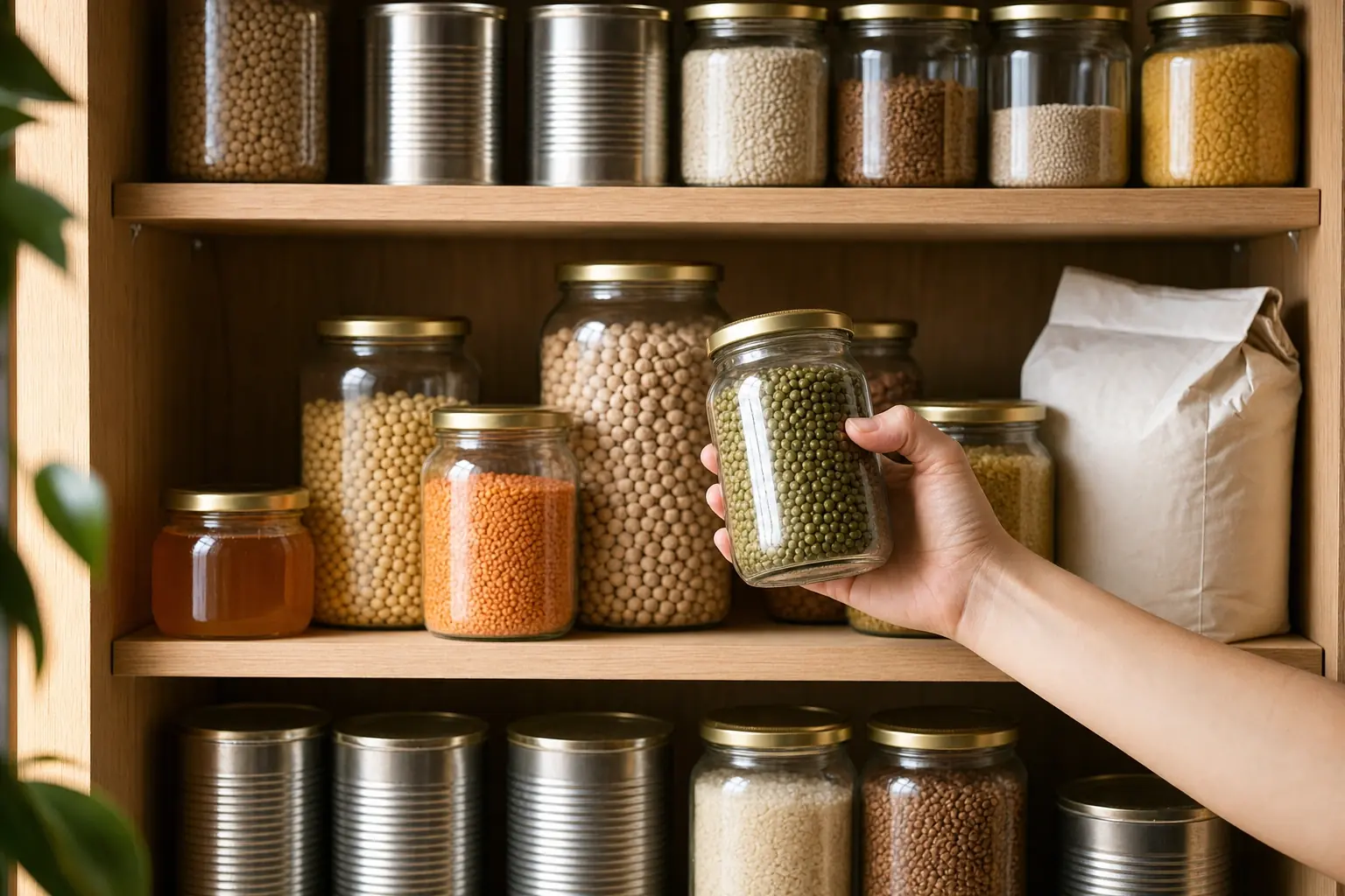 A wooden pantry shelf with mason jars full of legumes, grains, and honey, plus canned goods; a hand takes down a jar of mung beans