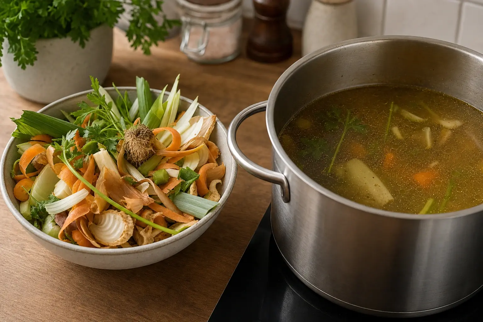 A bowl of vegetable scraps like leek greens and carrot peels, next to a pot of freshly made vegetable stock
