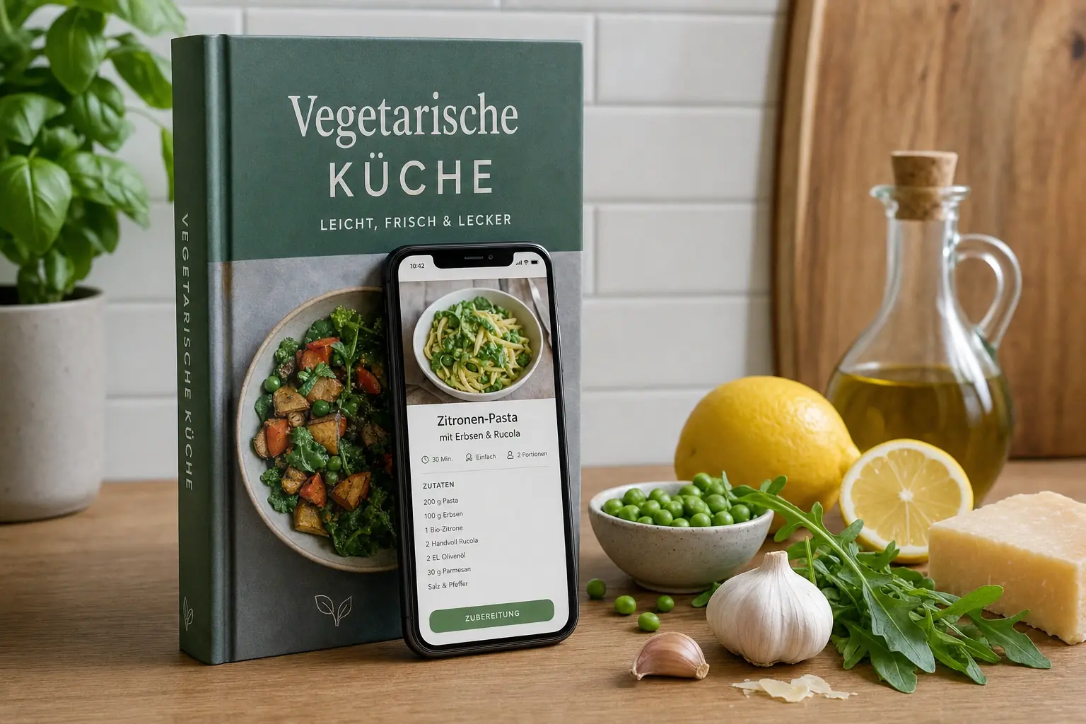 A smartphone showing a recipe on screen, propped against an open cookbook, next to lemons, olive oil, peas, and garlic