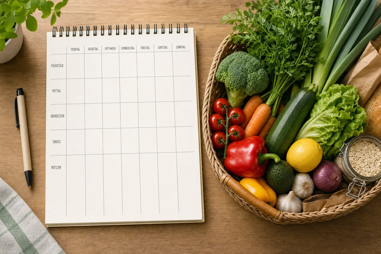 A notepad with a blank weekly meal plan and a pen next to a basket of fresh vegetables: broccoli, bell pepper, tomatoes, lettuce, and leeks